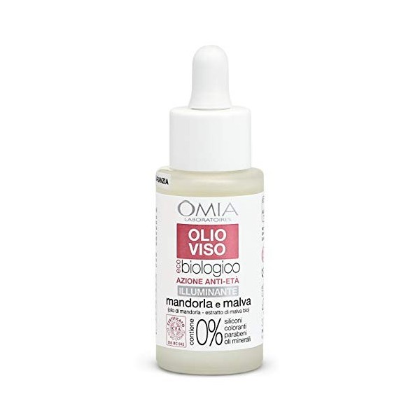 Omia, Huile faciale Eco Bio anti-âge et illuminante, huile anti-rides aux amandes et mauves pour peaux normales, sèches et se