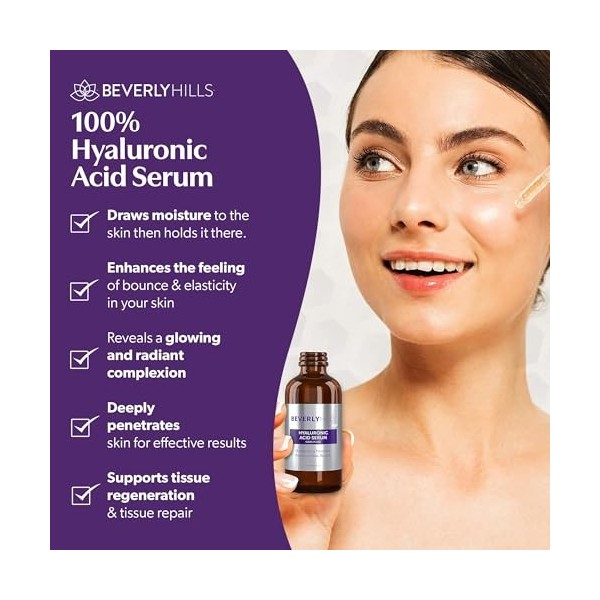 Beverly Hills Sérum Acide Hyaluronique Visage | Soin Hydratant & Anti-Rides | Peau Repulpée, Lisse & Lumineuse | Texture Légè