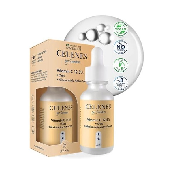 Celenes By Sweden Vitamine C Serum Visage 12,5% , Niacinamide Serum Et Extrait Davoine 30ml - Serum Vitamine C Visage Préve C...