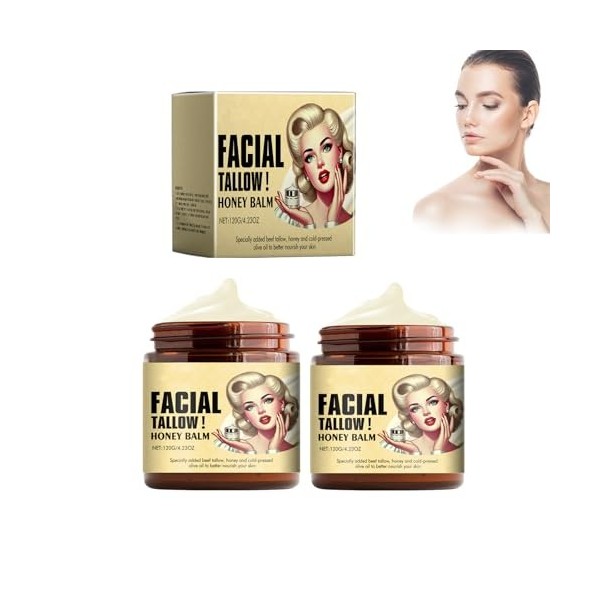 Mikabila 04 120g*2 Facial Tallow Honey Balm,Crème de Soin de la peau au Bœuf-100% Herbe Fed Tallow Raw Wild Honey,Tallow Moi