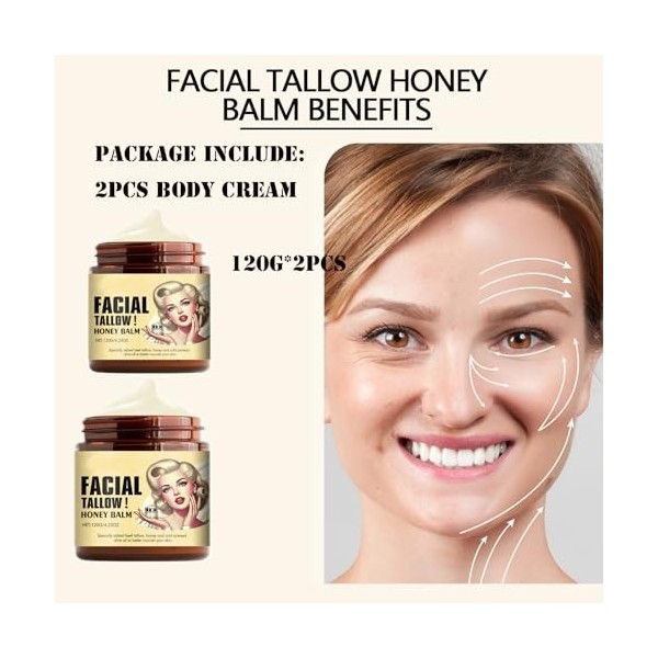 Mikabila 04 120g*2 Facial Tallow Honey Balm,Crème de Soin de la peau au Bœuf-100% Herbe Fed Tallow Raw Wild Honey,Tallow Moi