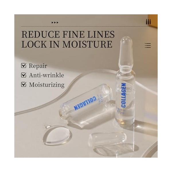 Soin Concentré en Ampoule, Hydratation Intensive et Lissage des Ridules, Effet Repulpant Immédiat et Durable, Texture Fluide