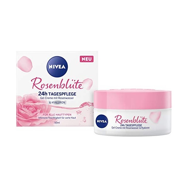Nivea Crème de jour Pétale de Rose 24h 50 ml , soin du visage à leau de rose et à lhyaluron, crème gel léger pour une peau