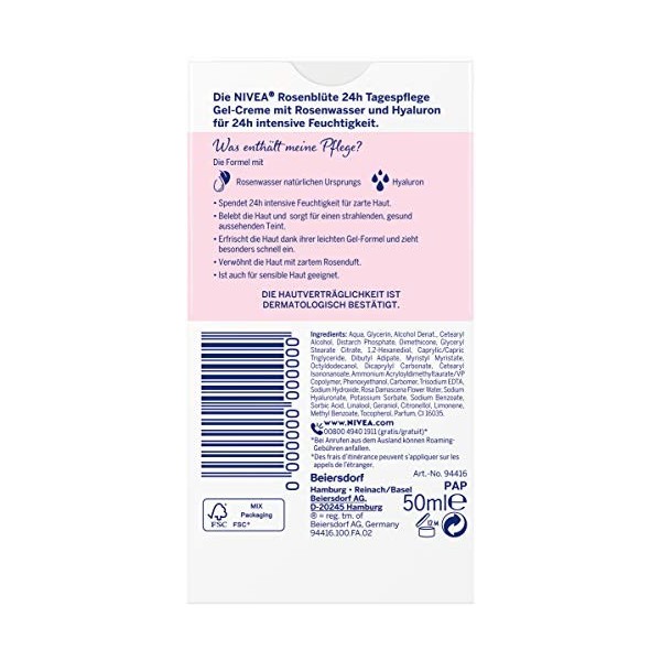 Nivea Crème de jour Pétale de Rose 24h 50 ml , soin du visage à leau de rose et à lhyaluron, crème gel léger pour une peau