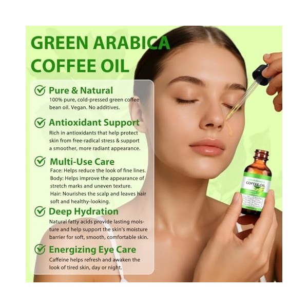 Huile de café contre les rides - 60 ml - 100 % pure et naturelle - Contre les rides - Pour le visage, le corps, les cheveux -