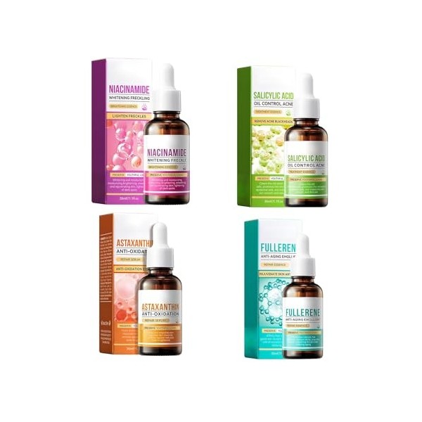 4pc Niacinamide Whiten Anti-Freckle Facial Serum, Anti-Aging Emollient, Astaxanthin Anti-Oxidation, Salicylic Acid Oil Contro
