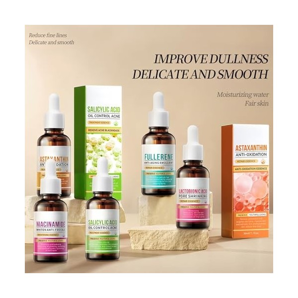 4pc Niacinamide Whiten Anti-Freckle Facial Serum, Anti-Aging Emollient, Astaxanthin Anti-Oxidation, Salicylic Acid Oil Contro