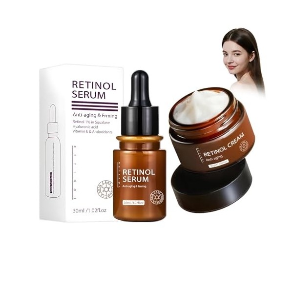 Set Crème Et Essence Anti-Âge Au Rétinol Pour Le Visage, Essence De Rétinol,Moisturizing Firming Cream, Réduit les Ridules, H