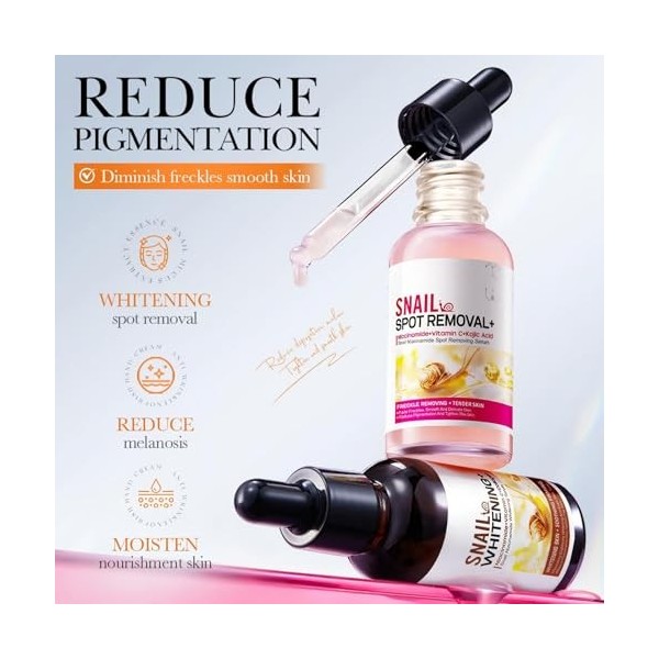 Lot de 2 sérums éclaircissants pour le visage Escargot & Niacinamide - Éclaircissement de la peau et réduit les taches - 30 m
