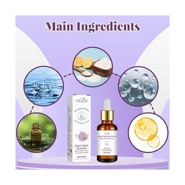 Retinol Sérum, Sérum Anti-Âge Rétinol & Bakuchiol | Combiné à lAcide Hyaluronique | Vegan, Réduit Rides & Éclat du Teint | F