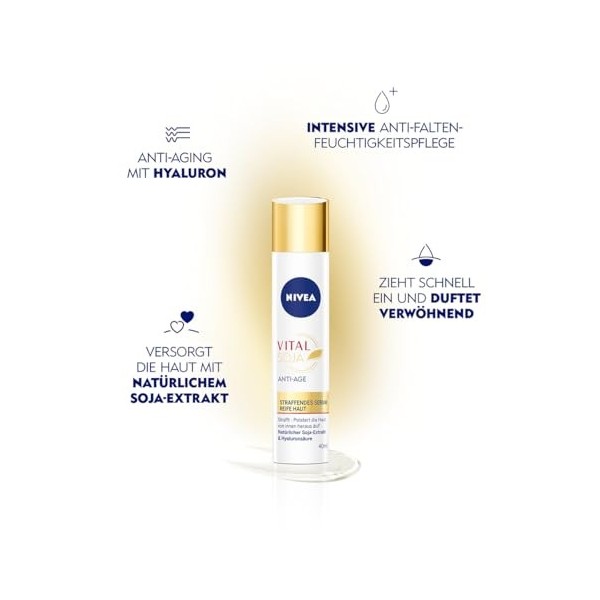NIVEA Vital SOJA Sérum raffermissant anti-âge, sérum hydratant intense pour peaux matures à lextrait naturel de soja, soin d