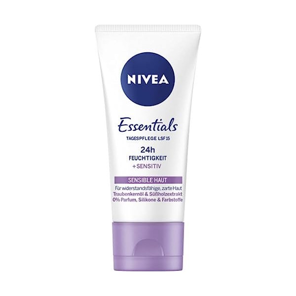 NIVEA Soin de jour apaisant 24h hydratant SPF 15, crème pour le visage sans parfum pour peaux sensibles, crème de jour délica