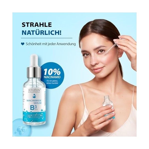 P-Beauty B3 Sérum pour le visage avec 10 % de niacinamide et dacide hyaluronique 30 ml – Sérum pour le visage contre les por