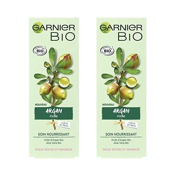 Garnier Bio - Soin Nourrissant - Argan Riche - Peaux Sèches et Sensibles - Lot de 2 x 50 ml