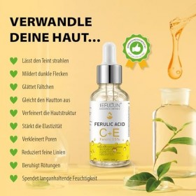 P-Beauty Sérum très efficace pour le visage avec 20 % de vitamine C + 5 % de vitamine E et 15 % dacide férulique – Sérum pou ...