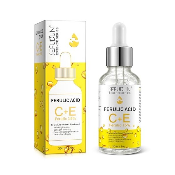 P-Beauty Sérum très efficace pour le visage avec 20 % de vitamine C + 5 % de vitamine E et 15 % dacide férulique – Sérum pou ...