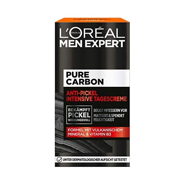 LOréal Men Expert Crème hydratante anti-boutons pour le visage avec vitamine B3 et minéral volcanique, pur carbone, 1 x 50 m
