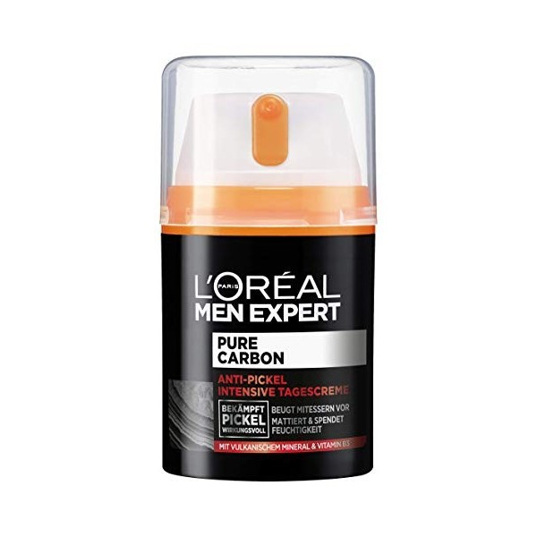 LOréal Men Expert Crème hydratante anti-boutons pour le visage avec vitamine B3 et minéral volcanique, pur carbone, 1 x 50 m