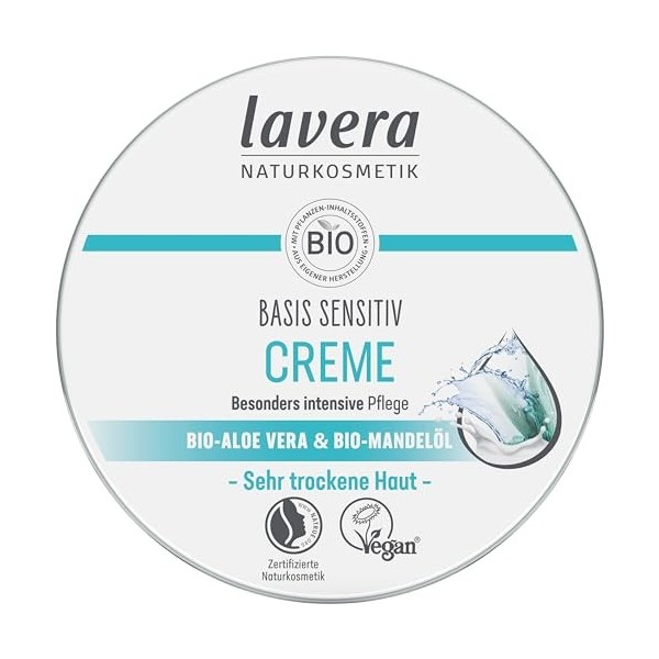 lavera Basis Sensitive Creme - Crème hydratante à laloe vera bio et à lhuile damande bio - Soin intensif pour peaux sèches
