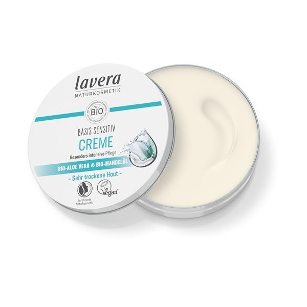 lavera Basis Sensitive Creme - Crème hydratante à laloe vera bio et à lhuile damande bio - Soin intensif pour peaux sèches