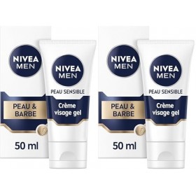 NIVEA MEN Crème Visage Gel Peau & Barbe pour peaux sensibles 1 x 50 ml , crème visage hydratante homme 0% alcool, soin barbe ...