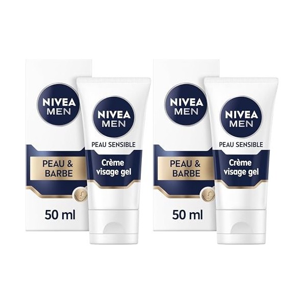 NIVEA MEN Crème Visage Gel Peau & Barbe pour peaux sensibles 1 x 50 ml , crème visage hydratante homme 0% alcool, soin barbe ...