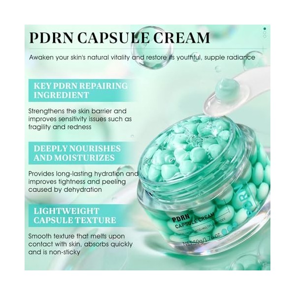PDRN Cream Capsule, PDRN Crème Visage, Creme Visage Hydratante avec pdrn, Hyaluronic Acid et Multiple Peptides, Nourrit en Pr