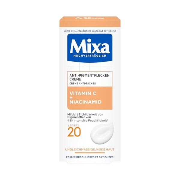 Mixa Crème anti-taches pigmentaires pour peaux irrégulières, ternes et sensibles avec vitamine C et niacinamide, convient pou