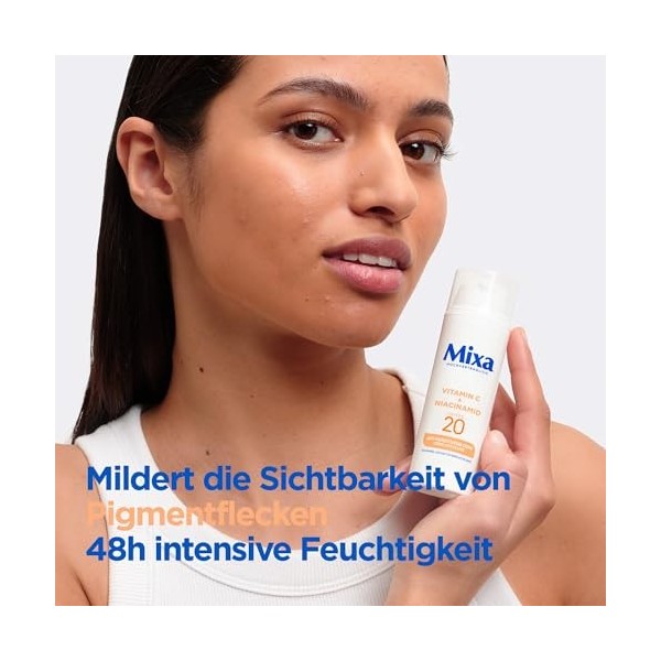 Mixa Crème anti-taches pigmentaires pour peaux irrégulières, ternes et sensibles avec vitamine C et niacinamide, convient pou