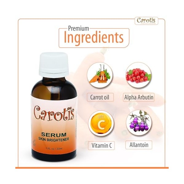 Sérum Éclaircissant CAROTÏS 1oz - Formulé pour Atténuer les Taches Brunes, avec Complexe dAlpha Arbutine et Bêta-Carotène