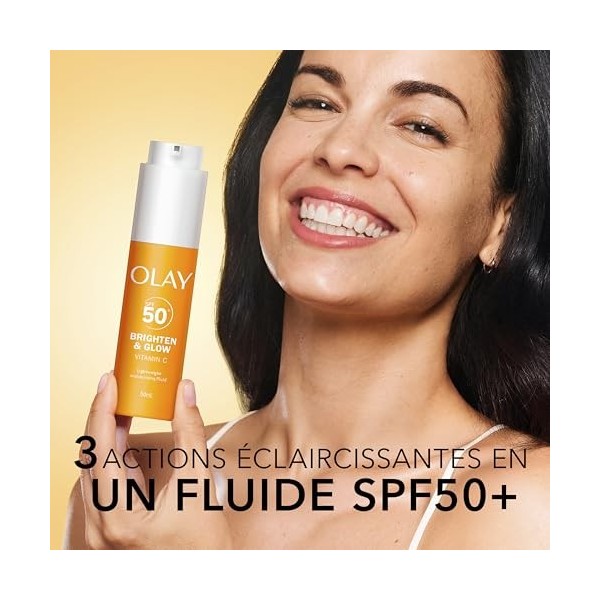 Olay Brighten & Glow 3 en 1 Fluide Hydratant SPF50+ à la Vitamine C. Crème et Base Hydratante à la Niacinamide. Hydrate, Donn