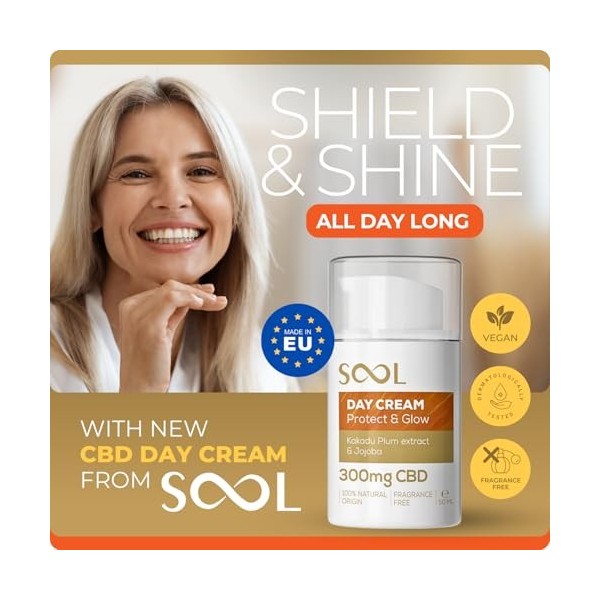 SOOL Crème de Jour Visage Protect & Glow 300mg CBD, 50ml | Hydratation Intense & Éclat I Soin Visage Revitalisant | Anti-Ride