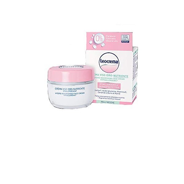 Leocrema Crème Visage Hypoallergénique pour Peau Sec avec acide hyaluronique Vit.E et beurre de Karite 50 ml