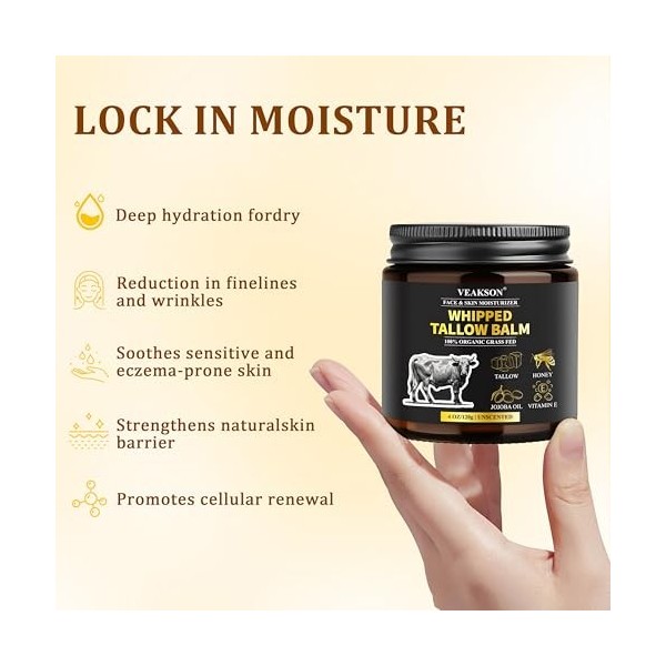 Whipped Tallow Cream, 100% GrasgefüTtertes Rindertalg für NatüRlicher Honig, Sheabutter, Vitamin, Tallow Creme Bio für Gesich