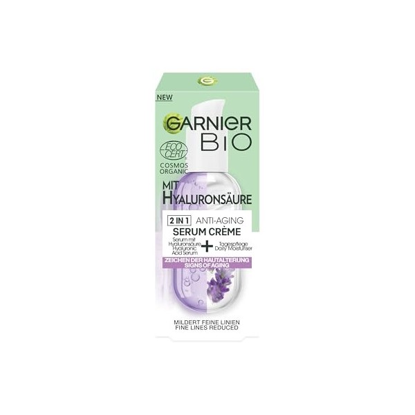Garnier Bio 2 en 1 Sérum Crème Anti-âge Soin du Visage Anti-Âge avec Lavande Bio et Acide Hyaluronique Cosmétique Naturel pou