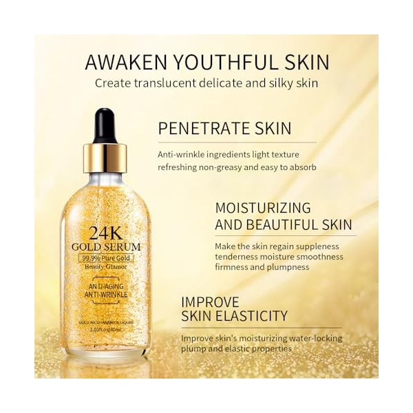 24k Gold Serum for Face, Skin Moisturizing Anti-Aging Anti-Redness Acne Treatment Essence Cream for Dark Spots & Fine Lines, 
