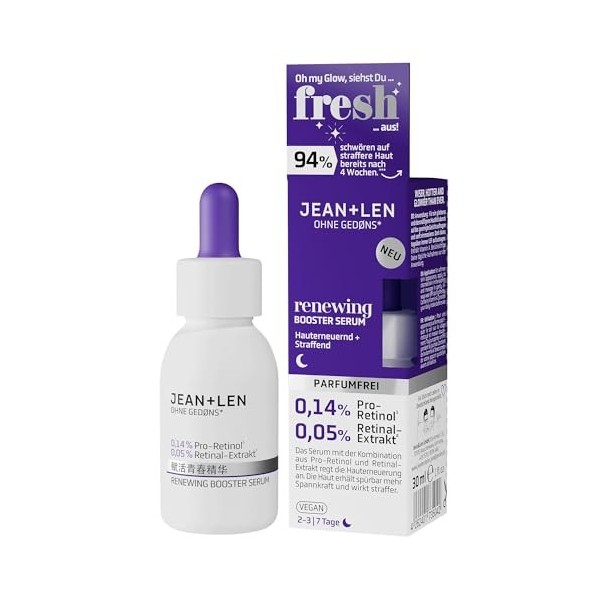 Jean & Len Renewing Booster Serum, idéal pour tous les types de peau, augmente lélasticité & la tonicité de la peau, avec du