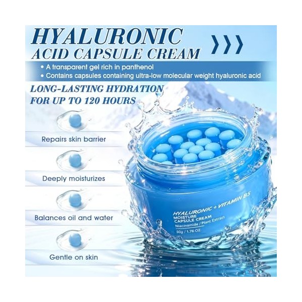 Creme Acide Hyaluronique Capsule, Acide Hyaluronique Capsule Cream, Creme Visage Hydratante, Hydratation Longue Durée 120 H, 