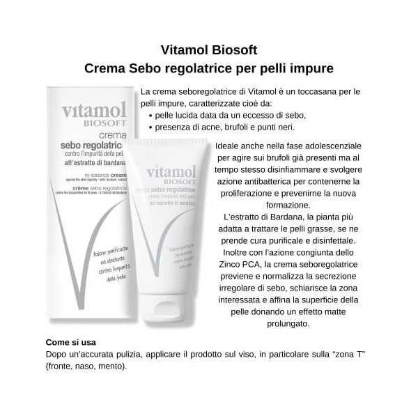 Vitamol Biosoft Crème Régulatrice Sébum contre les impuretés cutanées, lacné, les boutons et les points noirs - 40 ml