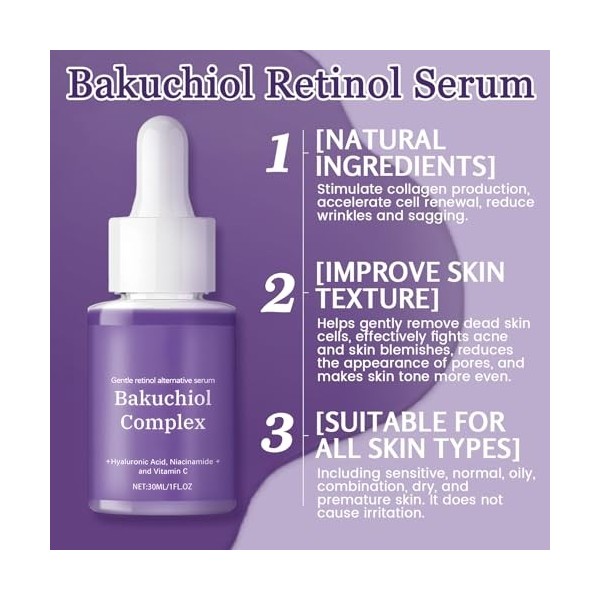 Bakuchiol Serum Visage, Serum Anti Age, serum Hydratant Visage, Contient Acide Hyaluronique Niacinamide et Sérum Vitamine C, 