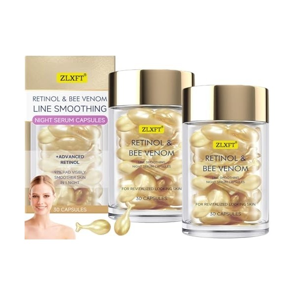Sérum de Rétinol avec Venin Dabeille,2pcs Sérum au Rétinol pour Le Visage,Capsules Correctrices Anti-âGe Nuit,Capsule de Crè