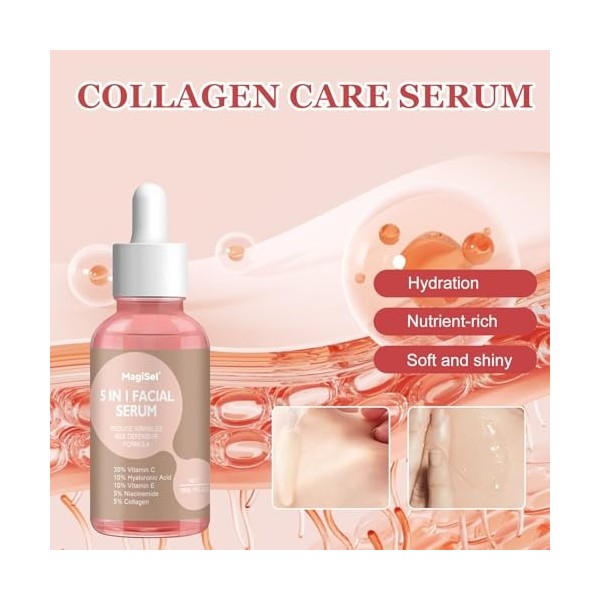 Serum Collagene Visage, Sérum Visage Anti-Âge, Booster Toner Serums, Peau Repulpée et Raffermie, Contrôlant les Pores, Amélio