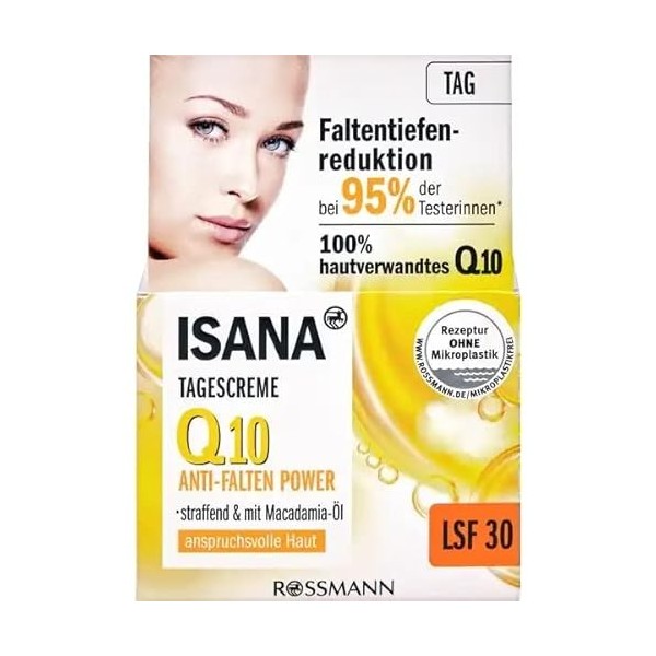 Isana Q10 Anti-Rides Crème de jour pour peau exigeante 50 ml, Corn eosti cker DS, anti-âge raffermissante, nachweisliche anti