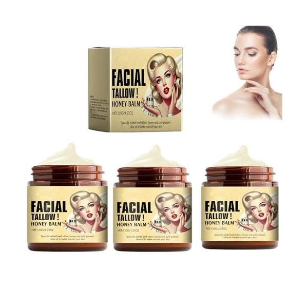 Mikabila 05 120g*3 Facial Tallow Honey Balm,Crème de Soin de la peau au Bœuf-100% Herbe Fed Tallow Raw Wild Honey,Tallow Moi