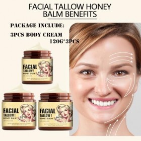 Mikabila 05 120g*3 Facial Tallow Honey Balm,Crème de Soin de la peau au Bœuf-100% Herbe Fed Tallow Raw Wild Honey,Tallow Moi