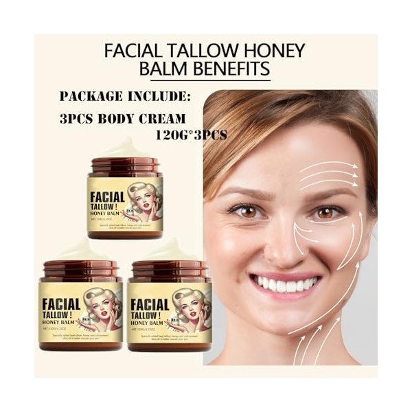 Mikabila 05 120g*3 Facial Tallow Honey Balm,Crème de Soin de la peau au Bœuf-100% Herbe Fed Tallow Raw Wild Honey,Tallow Moi