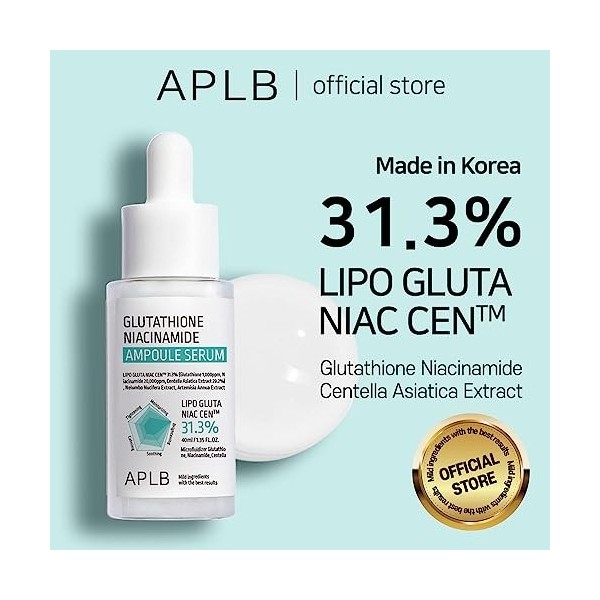 APLB Sérum ampoule glutathion et niacinamide | LIPO GLUTA NIAC CEN 31,3 % 1,35 FL.OZ/Soin de la peau coréen, hydratation dura