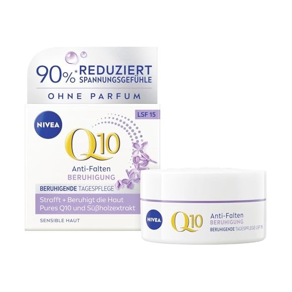 NIVEA Q10 Crème de jour sans parfum avec SPF 15, soin raffermissant du visage à lextrait de réglisse pour peaux sensibles, Q