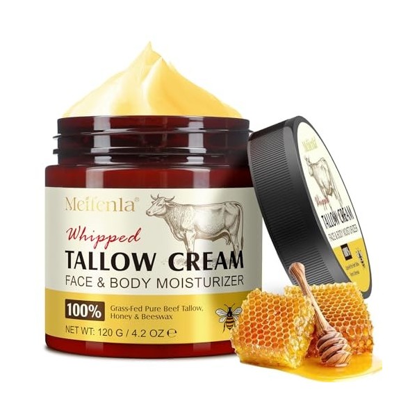 Beef Tallow for Skin, Suif de Boeuf Creme Visage, Soins de la Peau au Suif de Bœuf, Baume Visage au Suif et au Miel, 100% Nat