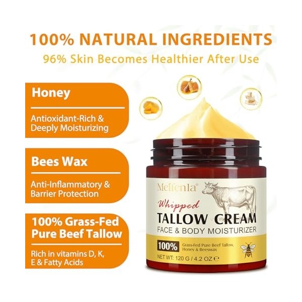 Beef Tallow for Skin, Suif de Boeuf Creme Visage, Soins de la Peau au Suif de Bœuf, Baume Visage au Suif et au Miel, 100% Nat